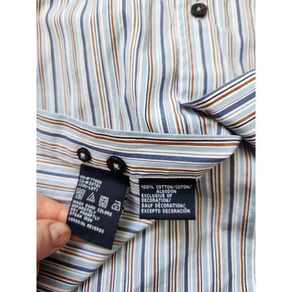 Tommy Hilfiger 80s 2 Ply Fabric Button Up Shirt Blue Brown White Stripe Sz L EUC - Picture 8 of 9